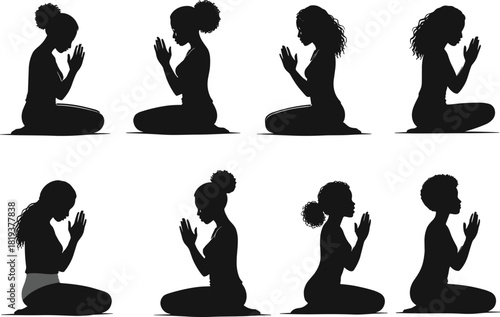 Kneeling silhouette, prayer pose, meditation figure, spiritual posture, diverse hairstyle, peaceful moment, mindfulness art, yoga position, calm, introspection, unity