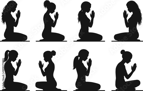 Kneeling meditation silhouettes, diverse hairstyles, peaceful prayer pose, spiritual mindfulness, yoga practice, calm introspection, cultural unity, serene posture, harmony