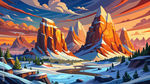 Very beautiful American winter landscape at Smith Rock showcasing rugged cliffs, snow-kissed terrain, and a vibrant, colorful sky glowing above the dramatic high-desert scenery.