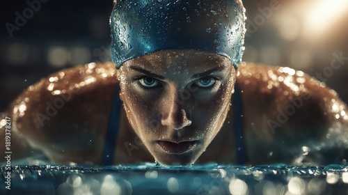  Female swimmer on a starting block at a professional competition, muscles tense in anticipation with pool reflections shimmering under bright overhead sports lighting