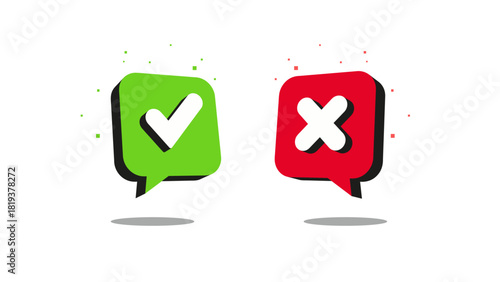 Green check mark and red cross icons appear in 3D speech bubbles. Vector symbols represent yes and no answers for voting. Isolated signs indicate correct and incorrect choices.