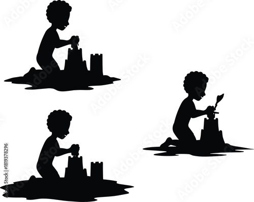 Child building sandcastle silhouette, beach play activity, summer vacation fun, creative kids moment, outdoor sand art, playful childhood scene, black vector