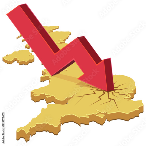 Yellow UK map cracked by a large red arrow crashing down. Concept of economic recession or financial crisis in Britain. (cut out)