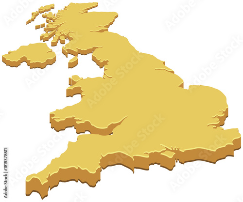 3D map silhouette of the UK, colored in yellow (cut out)
