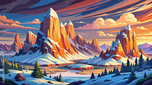 Very beautiful American winter landscape at Smith Rock showcasing rugged cliffs, snow-kissed terrain, and a vibrant, colorful sky glowing above the dramatic high-desert scenery.