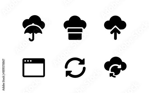 Set of cloud computing and synchronization icons in simple black silhouette style