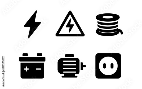 Essential electrical icons: battery, lightning, socket, motor, wire, safety warning