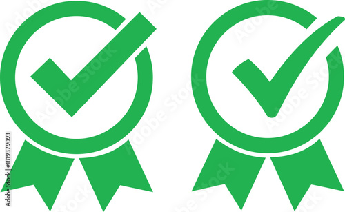 Two green quality guarantee badges with checkmarks and ribbons, isolated on white background