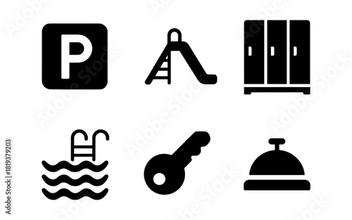 Essential hotel amenities icons: parking, pool, lockers, slide, key, bell