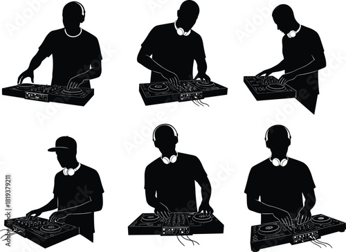 DJ silhouettes, music mixing, turntable performance, headphone artists, club scene, audio control, nightlife rhythm, party vibes, sound engineering, entertainment icons