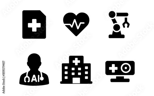 Healthcare technology icons: medical, heartbeat, robotics, ai, hospital, monitoring