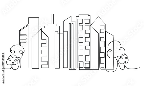 Cityscape line drawing isolated on a minimalist illustration of a modern urban skyline, featuring sleek skyscrapers and lush greenery, rendered in a clean, continuous line style