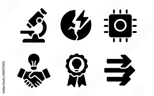 Collection of science and innovation icons featuring microscopes and chips