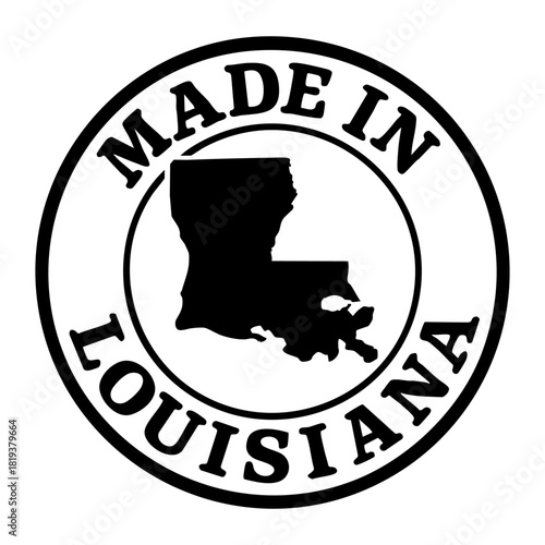 vector round stamp with bold black outline and louisiana state silhouette inside circular frame text made in louisiana minimal patriotic badge for packaging label print t shirt branding