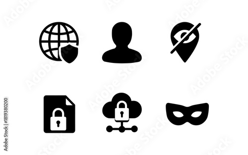 Cybersecurity icon set featuring privacy, protection, and anonymity symbols
