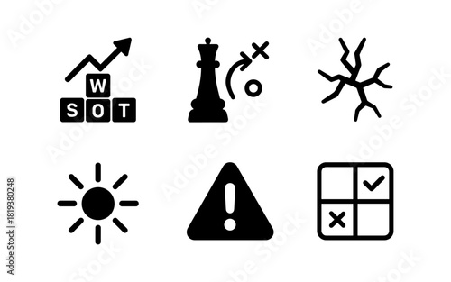 Business and strategy icons set with chess, chart, and warning symbols in black silhouette style