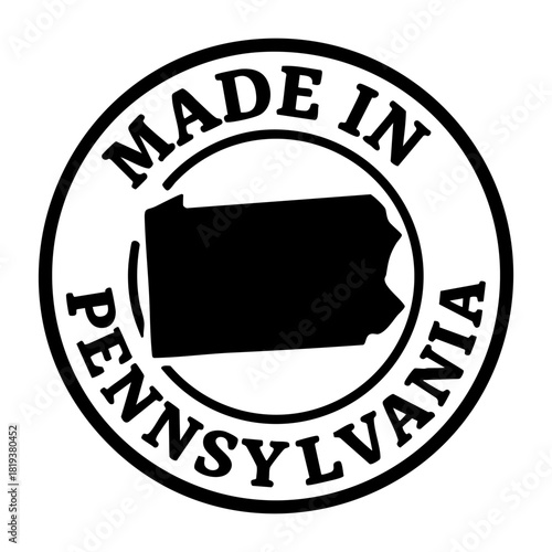 vector round stamp with bold outline and pennsylvania state silhouette inside circle text made in pennsylvania patriotic badge for label print shirt packaging branding and american product design