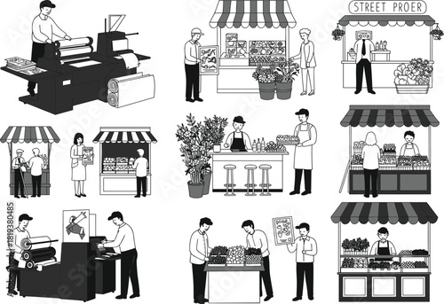 Street market illustration, vendor stalls, fruit sellers, printing press, urban commerce, black and white sketch, community trade, handmade goods, cultural scene