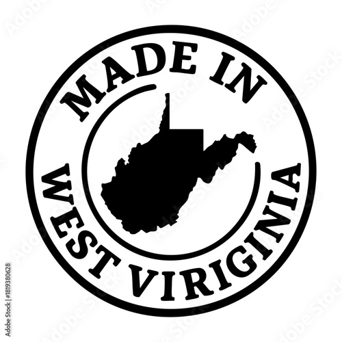 vector round stamp with bold outline and west virginia state silhouette inside circle text made in west virginia minimal patriotic badge for label print tshirt packaging branding