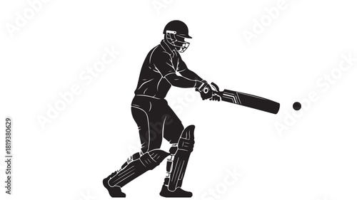 Cricket player silhouette swinging bat at ball vector illustration of batsman in action isolated on white background