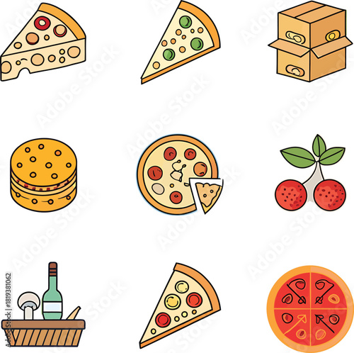Collection of cartoon food icons pizza slices cherries cheese box and picnic basket