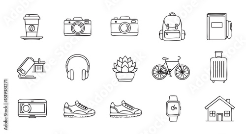 Line art of essential everyday items on a white background