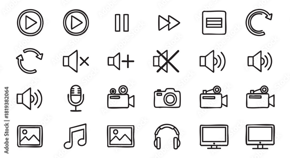 Fototapeta premium Media player interface line art icons set for web design