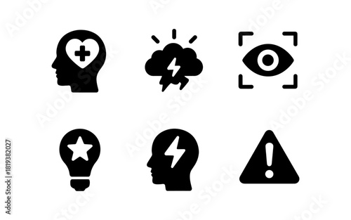 Black icons: mental health, insight, alertness, creativity, and energy