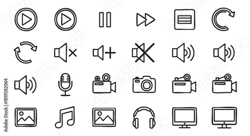Media player interface line art icons set for web design