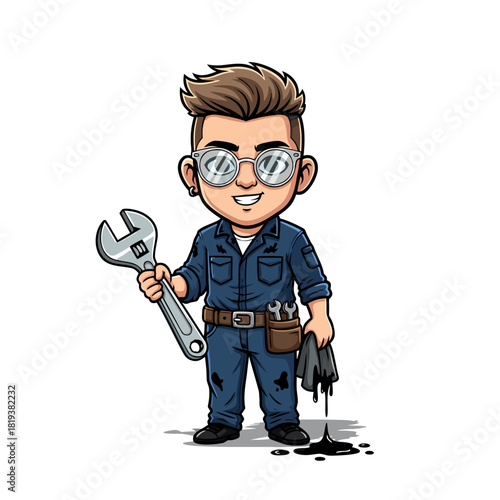 Charming young mechanic mascot character in work uniform holding a large wrench, a friendly handyman for auto repair service vector illustration