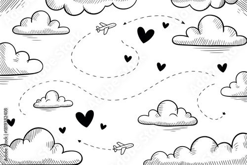 Two airplanes fly through the clouds leaving a trail of hearts.