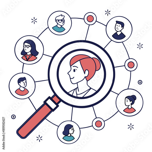 Magnifying glass focusing on a woman s profile in a network of diverse people icons