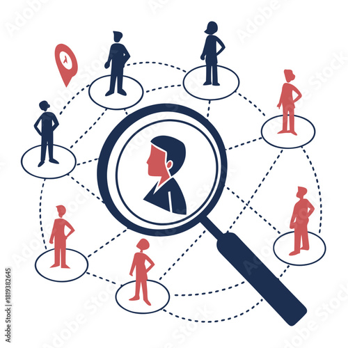 Magnifying glass focuses on one person in a network of diverse individuals representing recruitment and selection