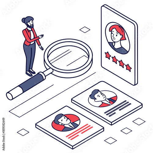 Recruitment process with a magnifying glass examining candidate profiles and ratings for hiring decisions