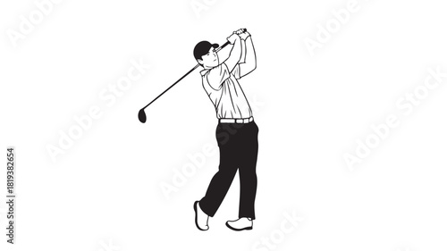 Golf player swinging club vector line art illustration of golfer in action isolated on white background