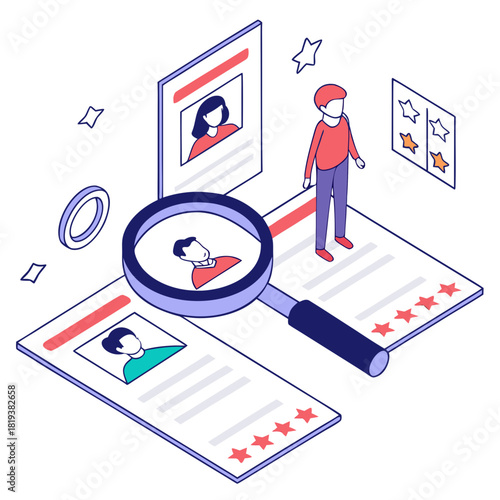 Isometric illustration of a person reviewing candidate profiles with a magnifying glass and star ratings