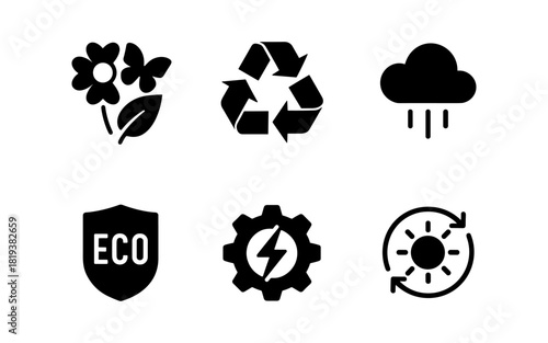 Set of eco-friendly and sustainable minimalist icons in black and white