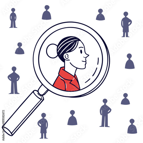 Magnifying glass focuses on one woman among many people symbolizing recruitment and selection process