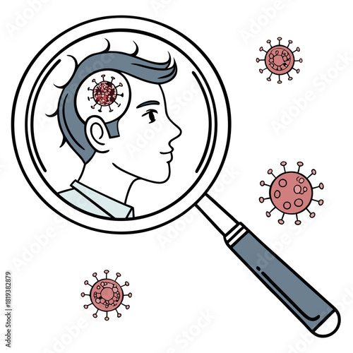 Magnifying glass examining a man s head with a virus inside representing mental health challenges and illness