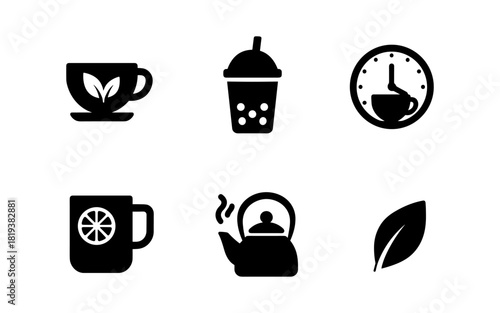 Stylish black tea icons: cup, teapot, bubble tea, clock, lemon mug, leaf