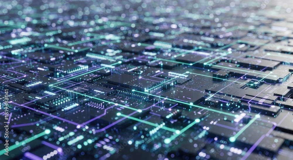 Fototapeta premium Circuit board with glowing blue and green lines 4k ultra full hd background 2025 2026 download