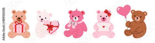 Cute teddy bears. Valentines day stickers, cartoon plush bear animals with heart chocolate box, romantic gift, balloon love letter for St. Valentine day greeting cards. Vector set