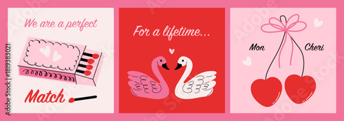 Valentine day posters. Modern romantic banners with heart love cherry swan shapes and passion symbols for flyer cover brochure design, 14 february greeting card. Vector set