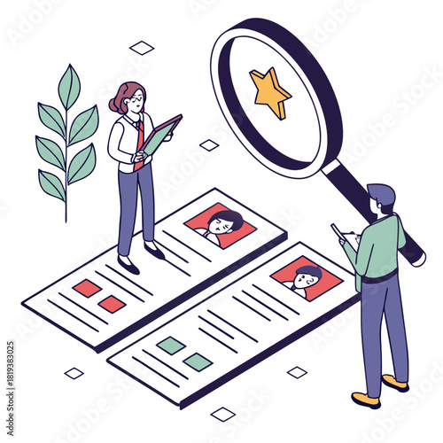 Human resources professionals reviewing candidate profiles and using a magnifying glass to find the best talent