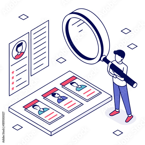 Isometric illustration of a person using a magnifying glass to review candidate profiles for hiring