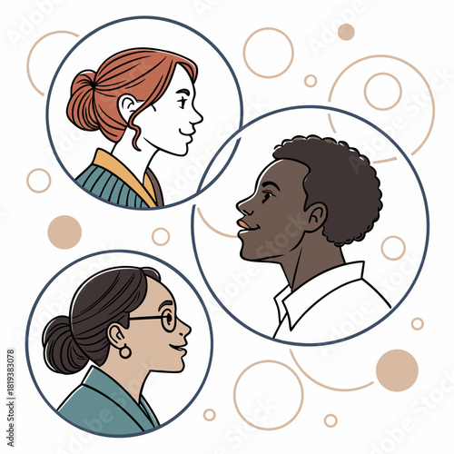 Diverse individuals in profile views within circles representing connection and communication in a modern abstract style