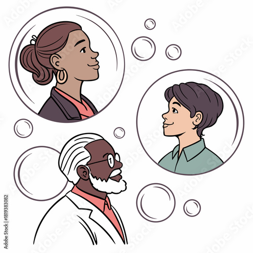 Diverse group of people in thought bubbles communicating ideas and dreams across generations and backgrounds
