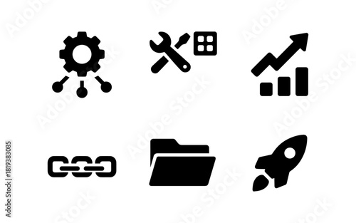 Collection of business and technology icons in simple silhouette style