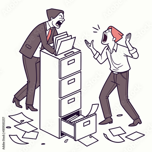 Two angry businessmen yelling at each other in an office with a messy filing cabinet and scattered papers