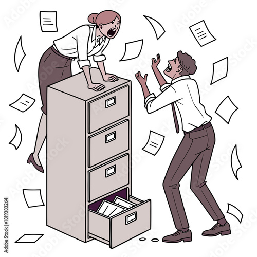 Frustrated office workers overwhelmed by scattered papers and disorganized filing cabinet during chaotic workday